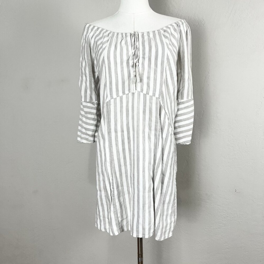 Free People Folk‎ Town Mini Dress Neutral Striped Sz XS Linen Blend Off Shoulder